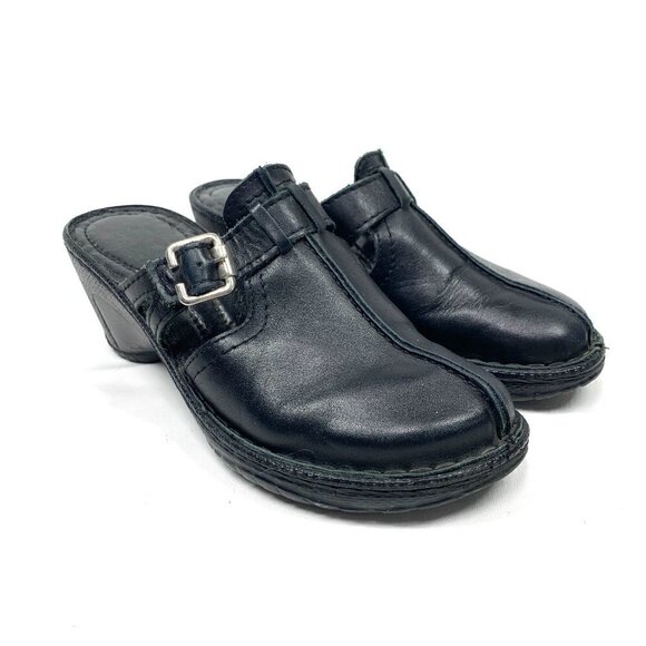 Clark's Black Leather Mule Clogs With Buckle 2.5" Wedge Heel Size Women's 8 - Picture 3 of 7